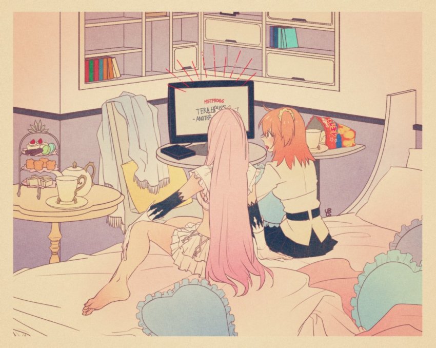 2girls, bed_sheet, black_skirt, book, bookshelf, chair, chaldea_uniform, chips_(food)