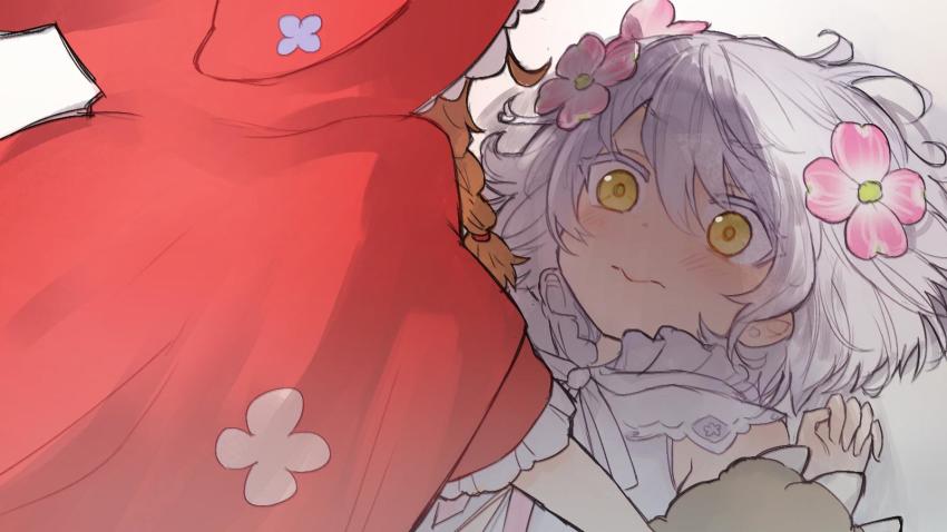 13o, 2girls, animal_hands, bad_id, bad_twitter_id, blush, braid, brown_hair