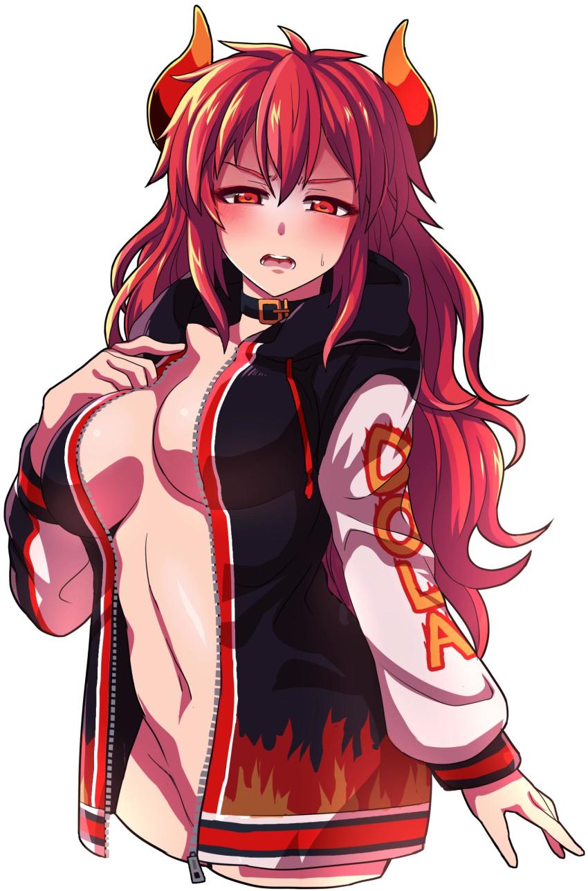 1girl, black_collar, blush, breasts, breasts_apart, character_name, coat, collar