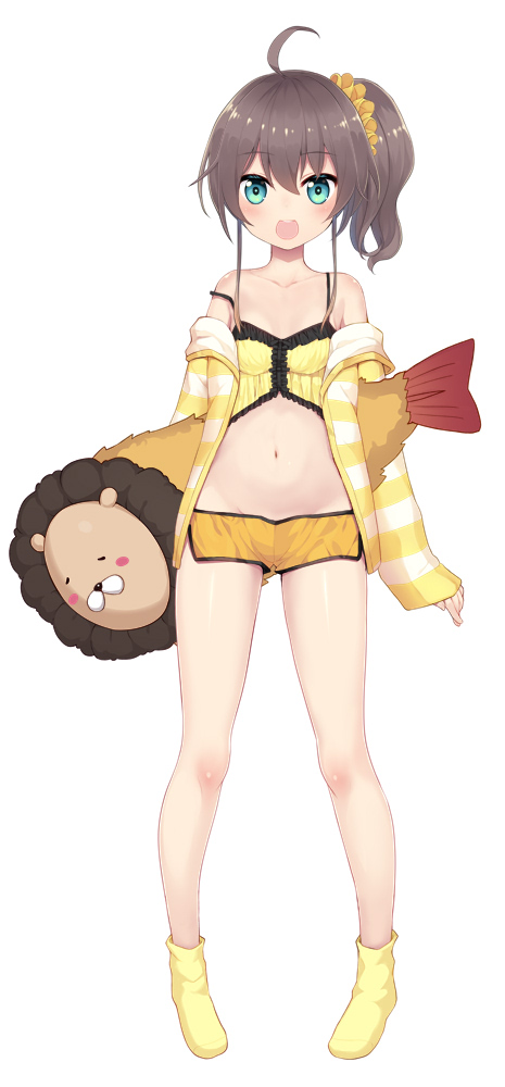 1girl, :d, ahoge, bare_shoulders, blue_eyes, blush, breasts, brown_hair, collarbone, ebi_frion_(matsuri_channel), female_focus, full_body, groin, hair_ornament, hair_scrunchie, hololive, jacket, long_sleeves, looking_at_viewer, midriff, minamura_haruki, natsuiro_matsuri, natsuiro_matsuri_(matsuri's_day_off), navel, no_shoes, off_shoulder, official_alternate_costume, official_art, open_mouth, orange_scrunchie, orange_shorts, pigeon-toed, pillow, round_teeth, scrunchie, short_hair, short_shorts, shorts, side_ponytail, sidelocks, sleeves_past_wrists, small_breasts, smile, socks, solo, straight-on, strap_slip, striped_clothes, striped_jacket, teeth, upper_teeth_only, virtual_youtuber, white_background, yellow_socks