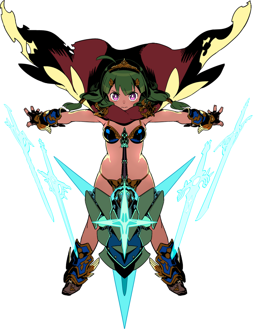 armor, armored_boots, bikini_armor, boots, bright_pupils, cape, energy_sword, etrian_odyssey, fingerless_gloves, gloves, green_hair, hero_(sekaiju), hero_2_(sekaiju), himukai_yuuji, long_hair, looking_at_viewer, multiple_swords, official_art, outstretched_arms, pink_eyes, sekaiju_no_meikyuu, sekaiju_no_meikyuu_x, simple_background, solo, spread_arms, sword, weapon, white_background