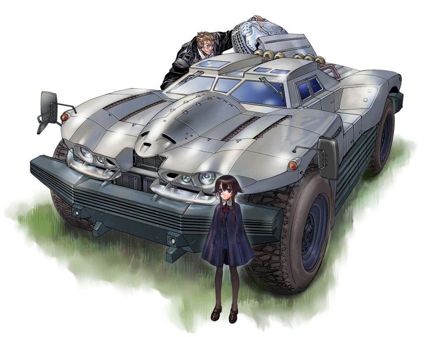 1boy, 1girl, armored_vehicle, black_hair, black_pantyhose, blue_eyes, coat, grass