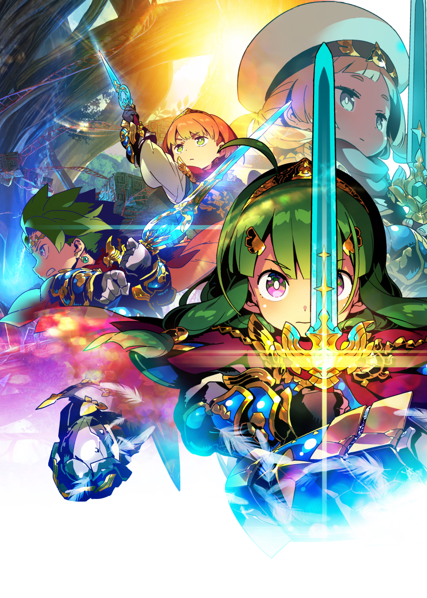 absurdres, arm_up, armor, blonde_hair, blue_eyes, bright_pupils, earrings, etrian_odyssey, feathers, gold_trim, green_eyes, green_hair, grin, hat, hero_(sekaiju), hero_1_(sekaiju), hero_2_(sekaiju), hero_3_(sekaiju), hero_4_(sekaiju), highres, himukai_yuuji, holding, holding_sword, holding_weapon, jewelry, long_hair, looking_at_viewer, official_art, orange_hair, sekaiju_no_meikyuu, sekaiju_no_meikyuu_x, short_hair, smile, sword, two-handed, weapon