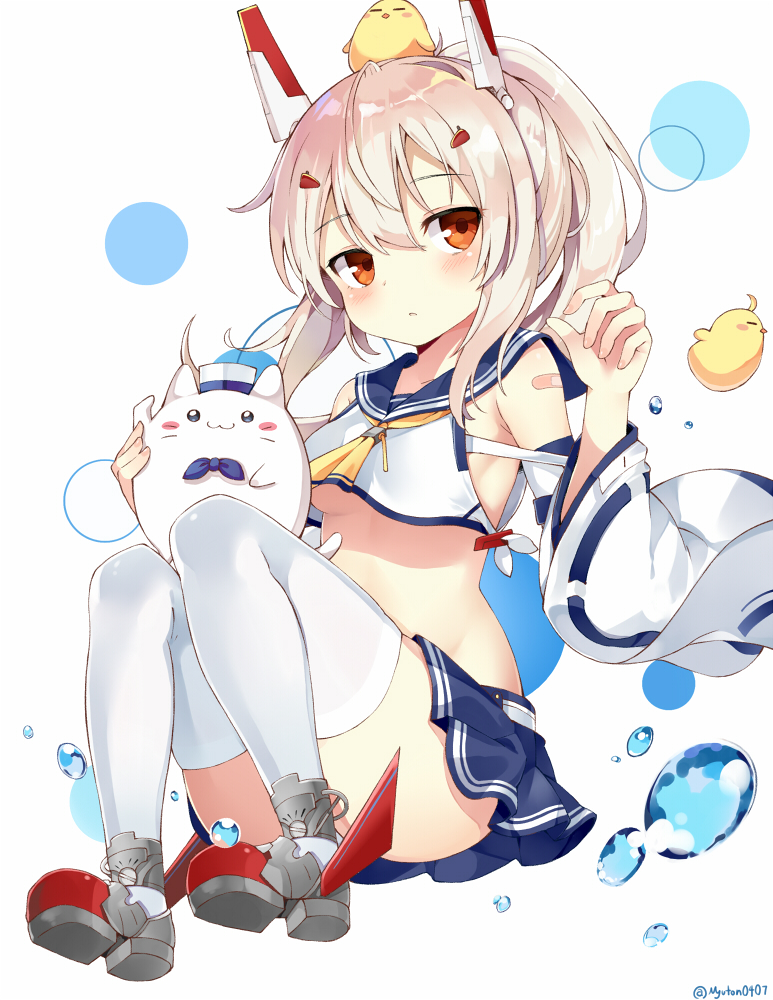 1girl, animal, ass, ayanami_(azur_lane), ayanami_(retrofit)_(azur_lane), azur_lane, baby_animal, bandaid, bare_shoulders, bird, blonde_hair, blue_sailor_collar, blue_skirt, blush, breasts, chick, convenient_leg, crop_top, crop_top_overhang, detached_sleeves, female_focus, hair_between_eyes, hair_ornament, hand_up, headgear, knees_up, long_hair, long_sleeves, looking_at_viewer, meowficer_(azur_lane), midriff, miniskirt, myuton, parted_lips, ponytail, red_eyes, remodel_(azur_lane), rudder_footwear, sailor_collar, shirt, shoes, sidelocks, simple_background, skirt, small_breasts, solo, thighhighs, twitter_username, underboob, water, white_background, white_shirt, white_thighhighs, wide_sleeves, yellow_neckwear