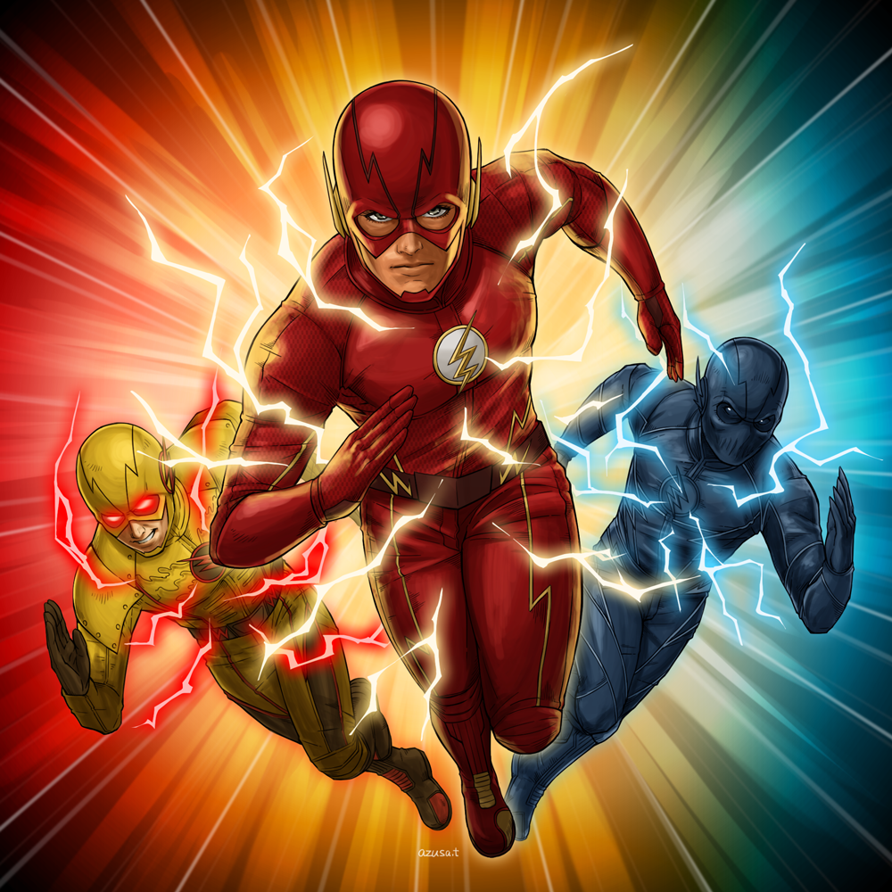 3boys, abs, azusa_tanaka, barry_allen, black_bodysuit, blue_background, bodysuit, dc_comics