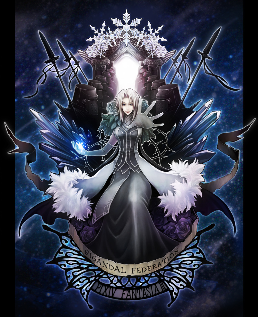 1girl, armor, blonde_hair, blue_flower, blue_rose, copyright_name, dress, elaine_(pixiv_fantasia)