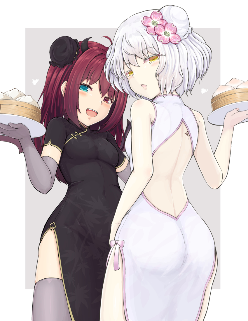 2girls, :d, absurdres, ass, backless_dress, backless_outfit, black_dress, blue_eyes