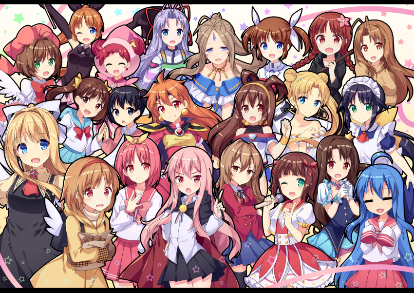 6+girls, :o, ;d, =_=, ^_^, aa_megami-sama, ahoge, air_(visual_novel), aisaka_taiga, amemiya_ruki, andou_mahoro, annotation_request, battle_athletes, belldandy, bishoujo_senshi_sailor_moon, black_hair, black_outline, black_ribbon, blonde_hair, blue_eyes, bluuue, braid, brown_eyes, brown_hair, cardcaptor_sakura, character_request, closed_eyes, commentary_request, copyright_request, crossover, double_bun, earrings, facial_mark, forehead_jewel, forehead_mark, green_eyes, hair_between_eyes, hair_bun, hair_ribbon, highres, idolmaster, izumi_konata, jewelry, kamio_misuzu, kanon, kanzaki_akari, kinomoto_sakura, kinomoto_sakura_(magician), kukuri_(mahoujin_guruguru), letterboxed, lina_inverse, long_hair, louise_francoise_le_blanc_de_la_valliere, love_hina, lucky_star, lyrical_nanoha, mahoromatic, mahou_shoujo_lyrical_nanoha, mahoujin_guruguru, maid, maid_headdress, multiple_crossover, multiple_girls, narusegawa_naru, one_eye_closed, open_mouth, orange_hair, outline, pantyhose, pink_eyes, pink_hair, ponytail, red_eyes, red_hair, ribbon, school_uniform, serafuku, short_hair, slayers, smile, star_(symbol), takamachi_nanoha, thighhighs, to_heart, to_heart_(series), tomoeda_middle_school_uniform, toradora!, tsukimiya_ayu, tsukino_usagi, twin_braids, wand, white_ribbon, wings, zero_no_tsukaima