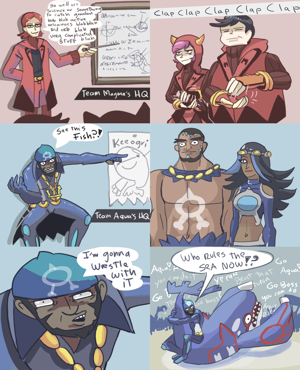 2girls, 4boys, ani_(puniper), archie_(pokemon), beard, black_eyes, black_hair, cheering, comic, courtney_(pokemon), creature, dark_skin, english_text, facial_hair, gen_3_pokemon, groudon, highres, holding, holding_pointer, horns, kyogre, legendary_pokemon, long_hair, long_sleeves, manly, matt_(pokemon), maxie_(pokemon), multicolored_hair, multiple_boys, multiple_girls, nintendo, pointer, pointing, pokemon, pokemon_(creature), pokemon_omega_ruby_and_alpha_sapphire, purple_hair, red_hair, shelly_(pokemon), sitting, standing, stitched, tabitha_(pokemon), team_aqua, team_magma, third-party_edit, two-tone_hair