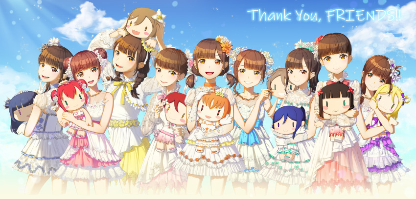 aida_rikako, blush, braid, cloud, corsetman, double_bun, dress, floral_print