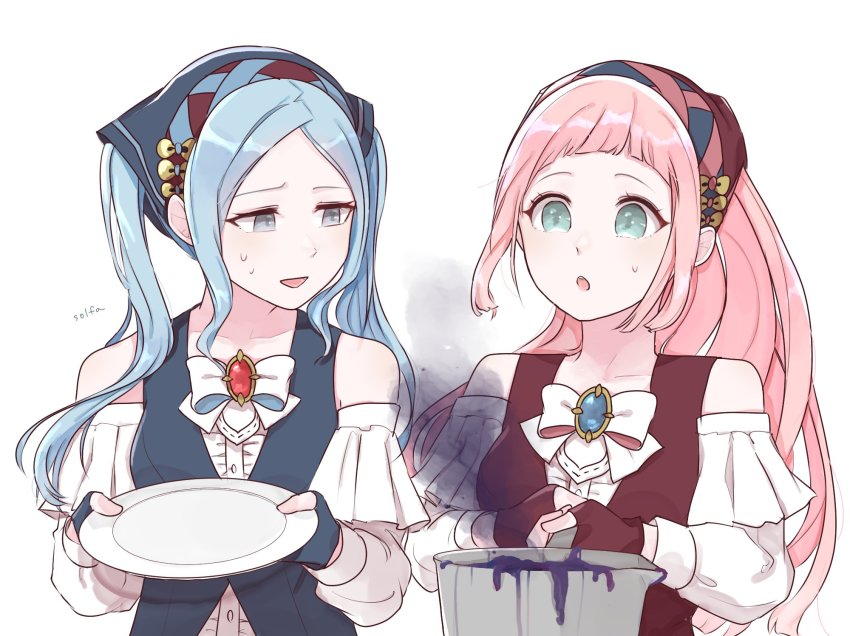 2girls, artist_name, bad_food, bandana, blue_eyes, blue_hair, cooking_pot, felicia_(fire_emblem)