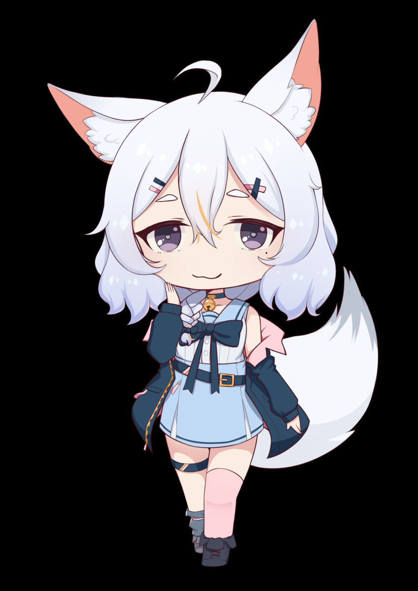 1girl, :3, absurdres, ahoge, animal_ears, asymmetrical_legwear, bell, braid