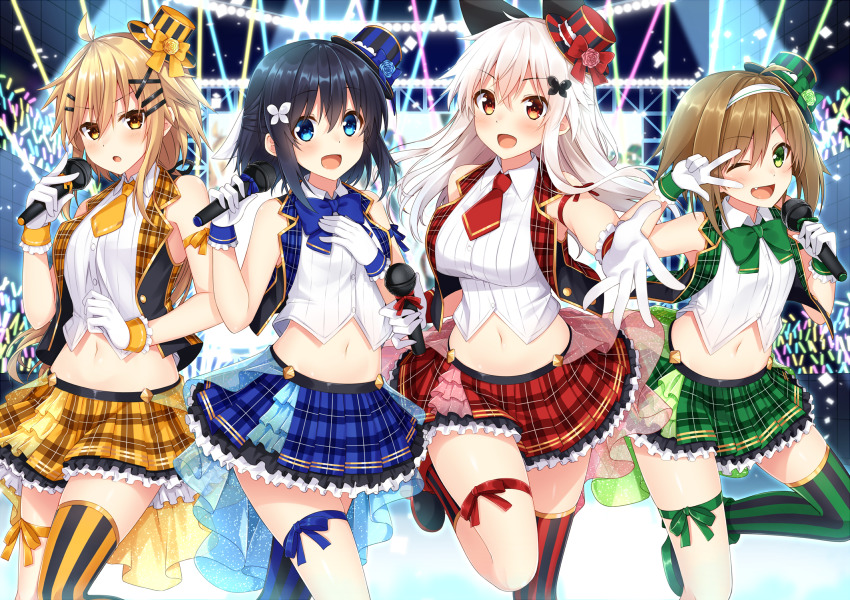 4girls, :d, ;d, asymmetrical_legwear, bare_shoulders, black_footwear, black_hair, black_vest