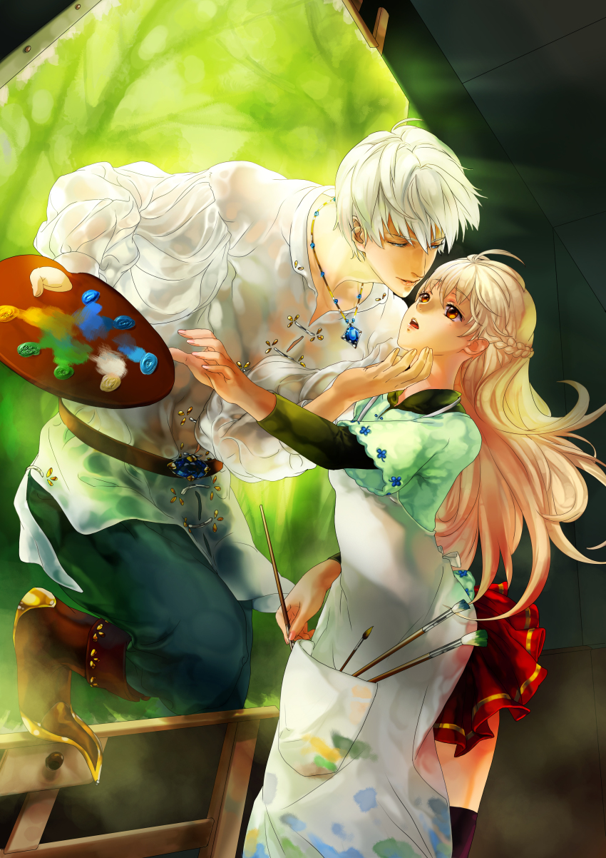 00s, 1boy, 1girl, absurdres, apron, art_brush, blonde_hair, claymore_(series), galatea, galatea_(mythology), genderswap, genderswap_(ftm), genderswap_(mtf), hetero, highres, jane_mere, kiss, long_hair, mythology, paintbrush, paint_palette, pygmalion, pygmalion_(mythology), red_eyes, skirt, thighhighs, zettai_ryouiki
