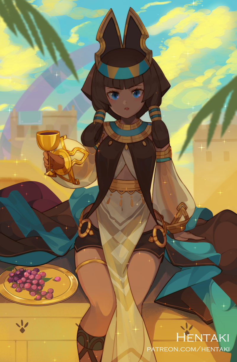 1girl, arm_support, artist_name, blue_eyes, blue_sky, brick_wall, brown_dress, brown_hair