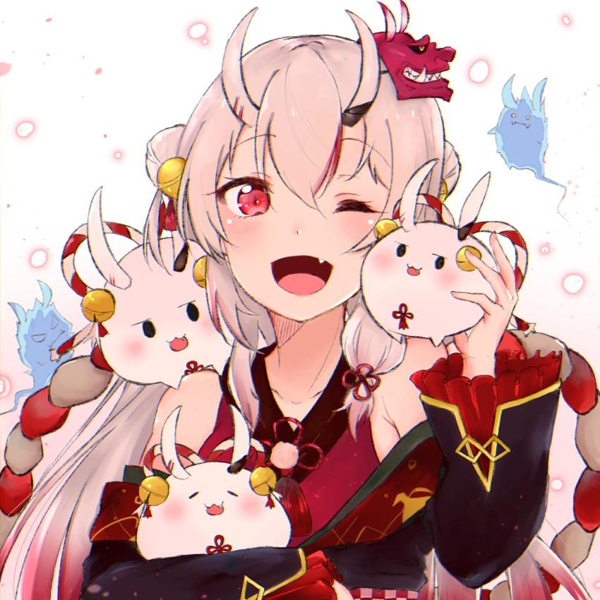 1girl, bell, blush, collarbone, commentary, creature, double_bun, fang