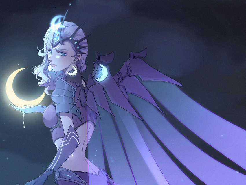 1girl, 2019_atlantic_all-stars_mercy, alternate_costume, alternate_hair_color, angel_wings, armor, crescent, crescent_hair_ornament