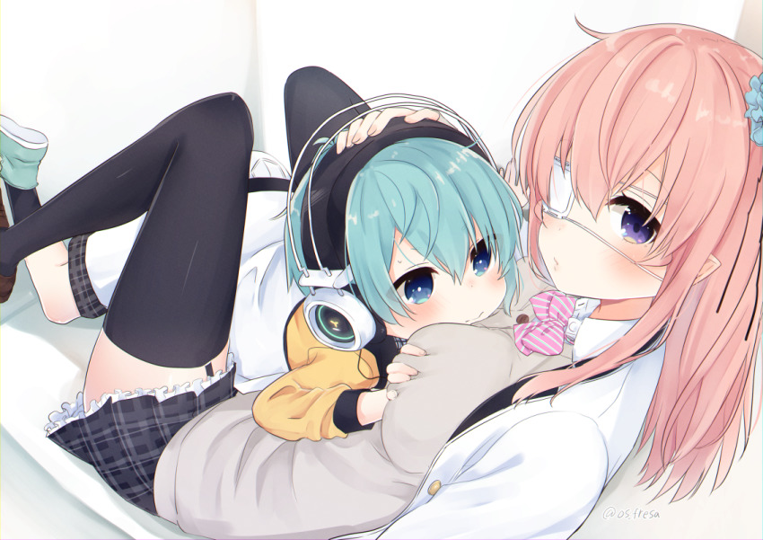 1boy, 1girl, age_difference, black_thighhighs, blue_eyes, blue_hair, blush, eyepatch