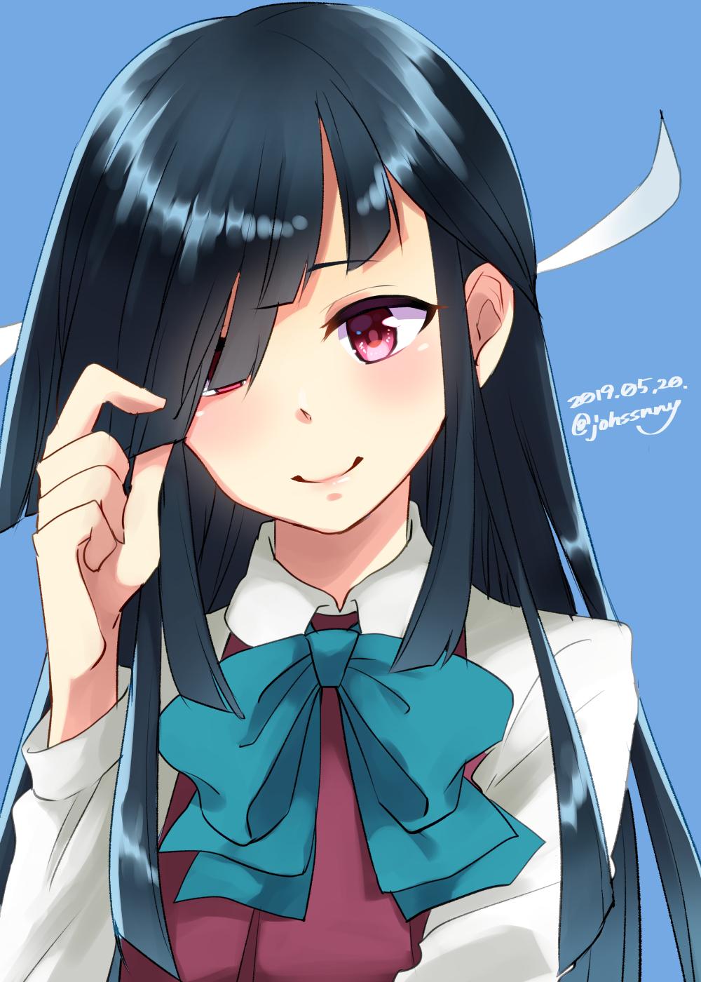1girl, black_hair, blue_background, bow, bowtie, dated, dress_shirt, female_focus