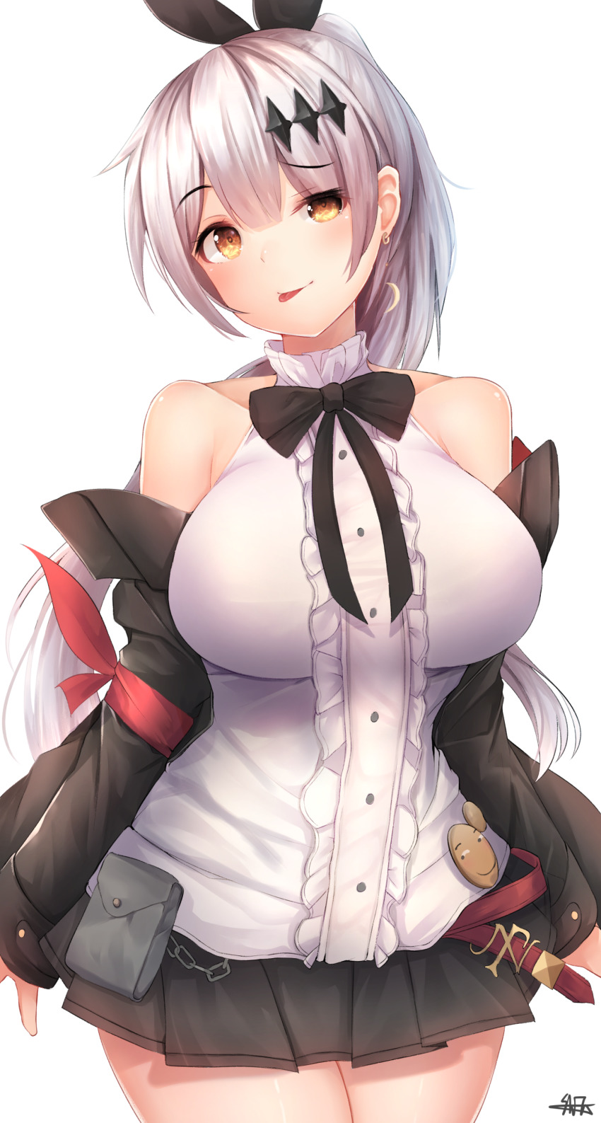 1girl, :p, absurdres, bare_shoulders, blush, bow, breasts, brown_eyes, crescent, crescent_earrings, earrings, female_focus, five-seven_(girls'_frontline), girls'_frontline, hair_ornament, hair_ribbon, highres, hiromaster_sinta_jh, huaji, jacket, jewelry, large_breasts, long_hair, looking_at_viewer, off_shoulder, pleated_skirt, ponytail, rabbit_hair_ornament, ribbon, sidelocks, signature, silver_hair, simple_background, single_earring, skirt, smile, solo, tongue, tongue_out, very_long_hair