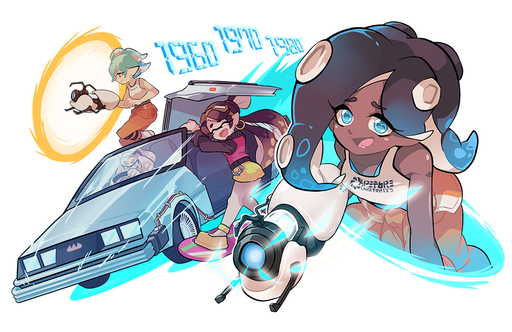 1970, 1980, 4girls, aperture_science_handheld_portal_device, back_to_the_future, callie_(splatoon), car, chell_(cosplay)