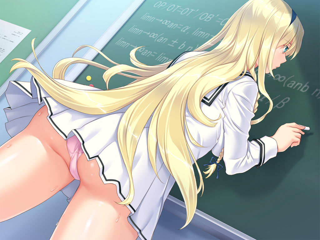 1girl, aqua_eyes, ass, blonde_hair, braid, breasts, chalkboard, classroom, closed_mouth, female_focus, from_below, game_cg, groin, hairband, indoors, legs, legs_apart, long_hair, medium_breasts, mochizuki_nozomu, original, panties, pink_panties, saimin_class_wonderful, school_uniform, single_braid, skirt, solo, standing, tachibana_yukino, thighs, underwear, upskirt, writing