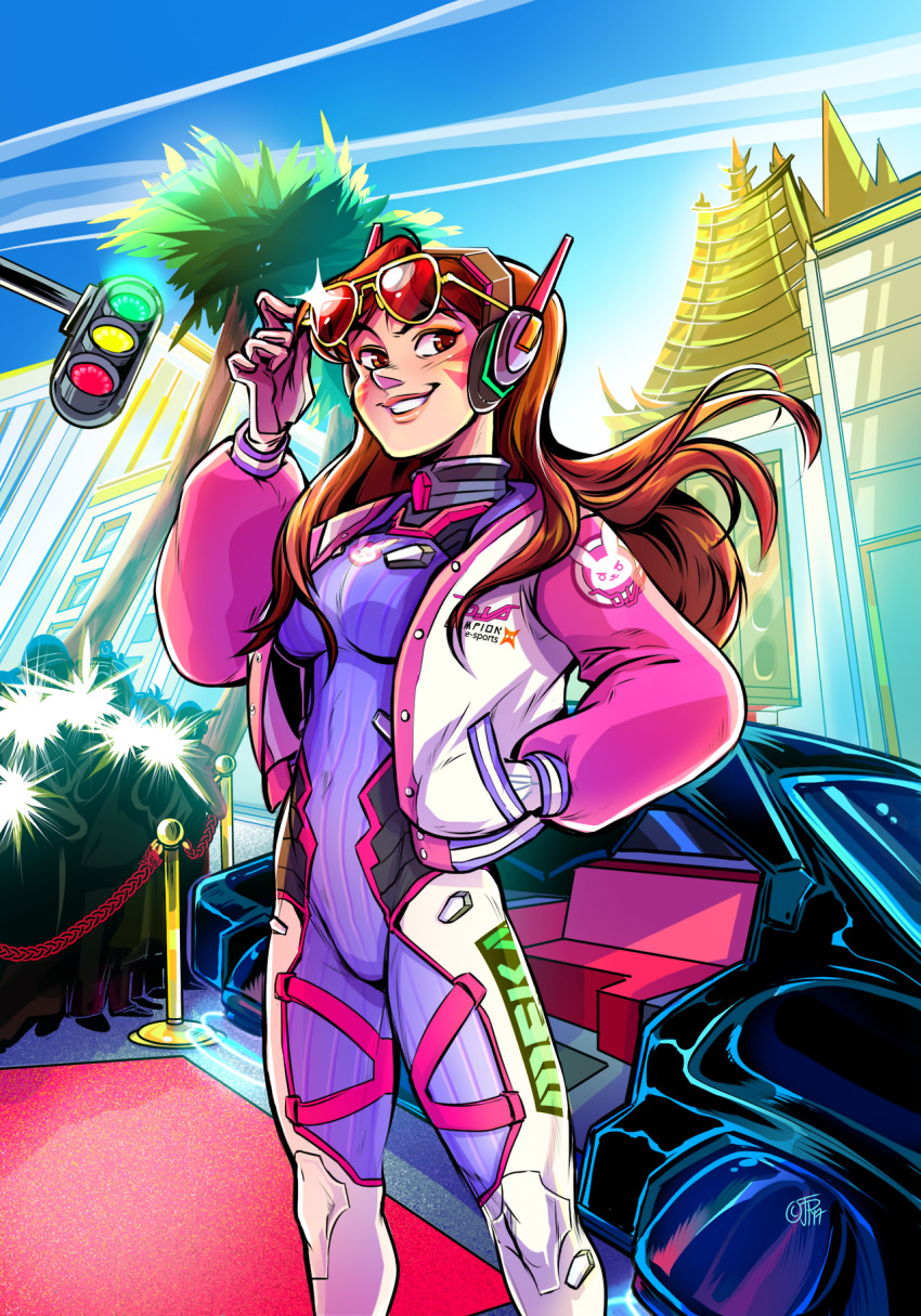 1girl, animal_print, bodysuit, breasts, brown_eyes, brown_hair, camera_flash, car