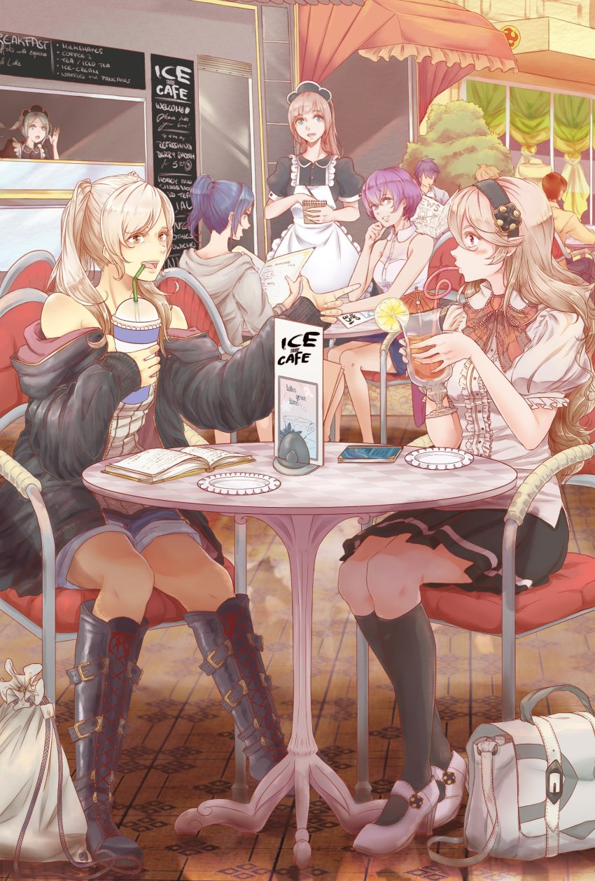 6+girls, absurdres, alternate_universe, apron, black_socks, boots, cafe, casual, chair, female_corrin_(fire_emblem), drink, drinking_straw, felicia_(fire_emblem), female_kris_(fire_emblem), female_robin_(fire_emblem), fire_emblem, fire_emblem:_new_mystery_of_the_emblem, fire_emblem_awakening, fire_emblem_fates, flora_(fire_emblem), hairband, high_heels, highres, hood, hoodie, katarina_(fire_emblem), knee_boots, kneehighs, lace-up_boots, lithety, long_hair, maid_apron, maid_headdress, menu, menu_board, multiple_girls, newspaper, nintendo, off_shoulder, plate, pointy_ears, puffy_short_sleeves, puffy_sleeves, purple_hair, short_shorts, short_sleeves, shorts, siblings, silver_hair, sisters, sitting, skirt, socks, table, twins, twintails