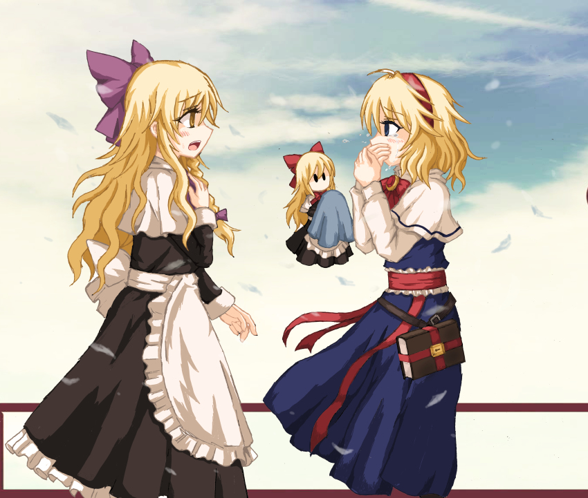 2girls, absurdres, ahoge, alice_margatroid, apron, black_dress, blonde_hair, blue_dress