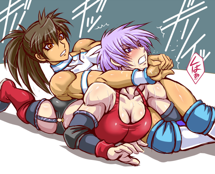 2girls, asahioka_akane, breasts, brown_hair, cleavage, fuyumi_natsuko, multiple_girls, orange_eyes, original, ponytail, purple_eyes, purple_hair, taroimo_(00120014)