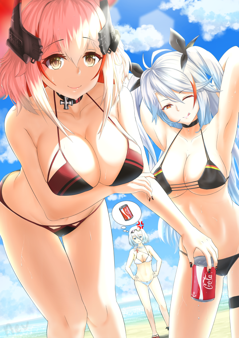 3girls, ;9, anger_vein, antenna_hair, arm_under_breasts, armpits, arms_behind_head, artist_name, azur_lane, beach, bikini, black_nails, blonde_hair, blue_eyes, blue_sky, blush, breasts, brown_eyes, can, choker, cloud, cross, cross_earrings, day, earrings, hair_between_eyes, headgear, holding, holding_can, jewelry, large_breasts, leaning_forward, long_hair, looking_at_viewer, multicolored_hair, multiple_girls, nail_polish, nev_(nevblindarts), ocean, one_eye_closed, outdoors, prinz_eugen_(azur_lane), prinz_eugen_(unfading_smile)_(azur_lane), red_hair, ribbon, roon_(azur_lane), sand, sandals, short_hair, sidelocks, silver_hair, sky, smile, streaked_hair, swimsuit, tirpitz_(azur_lane), tirpitz_(snow-melting_summer)_(azur_lane), tongue, tongue_out, two_side_up, very_long_hair, wet, white_bikini