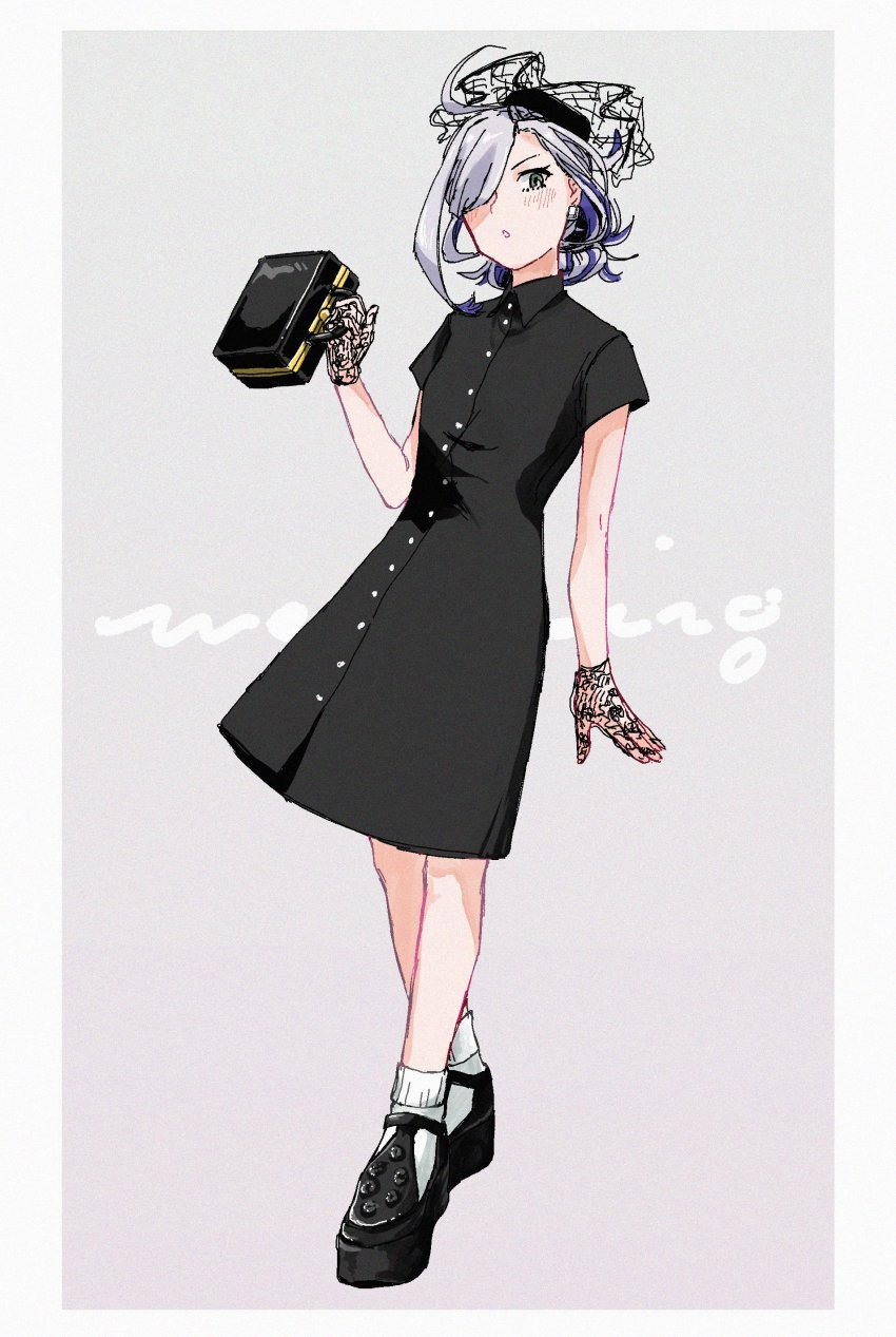 1girl, :o, absurdres, ahoge, alternate_costume, alternate_hairstyle, asashimo_(kancolle), bag, black_dress, blush, buttons, dress, earrings, female_focus, full_body, gloves, green_eyes, grey_background, grey_hair, hair_over_one_eye, highres, holding, jewelry, kantai_collection, multicolored_hair, open_mouth, platform_footwear, short_sleeves, socks, solo, standing, white_socks, zippo_teifujou