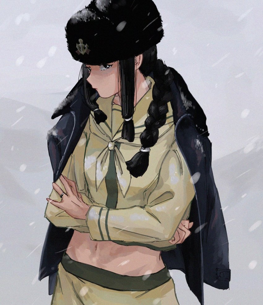 1girl, anchor, black_hair, braid, closed_mouth, crossed_arms, female_focus, fur_hat
