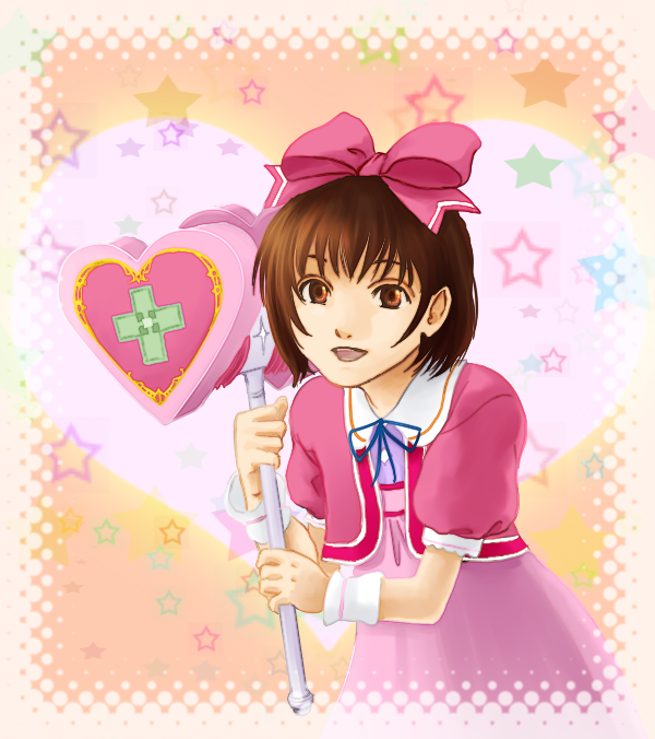 00s, 1boy, bow, brown_eyes, brown_hair, cross, crossdressing, crossdressing_(mtf), dress, hammer, heart, june_rainydays, karol_capel, karol_capel_(girly), male_focus, official_alternate_costume, pink_bow, pink_dress, ribbon, short_hair, solo, tales_of_(series), tales_of_vesperia, trap