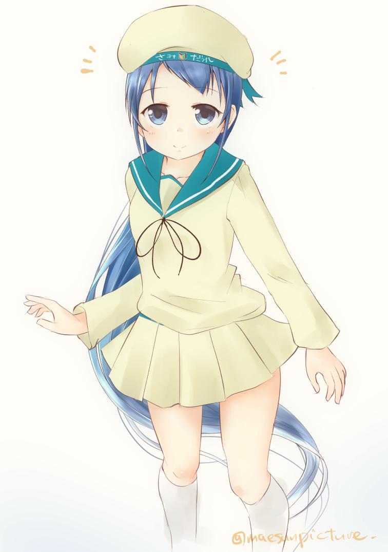 1girl, alternate_costume, artist_name, beret, black_ribbon, blue_eyes, blue_hair, commentary_request