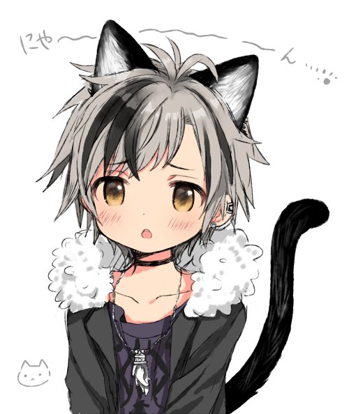 1boy, animal_ears, bad_id, bad_twitter_id, black_hair, blush, cat_ears, cat_tail