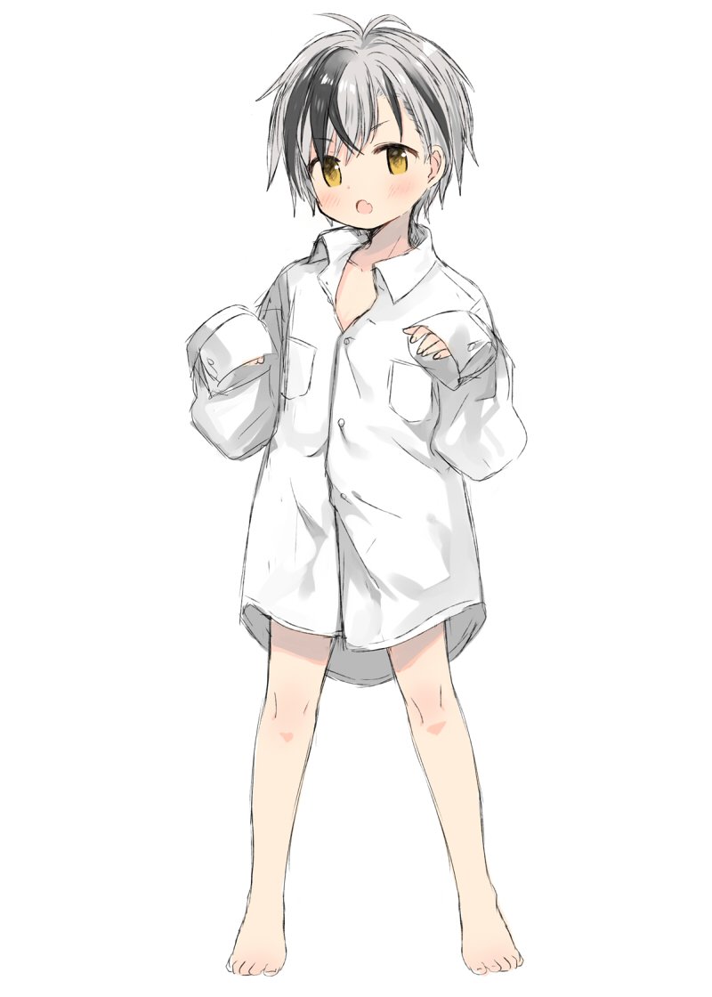 1boy, bad_id, bad_twitter_id, barefoot, black_hair, fang, feet, full_body, long_sleeves, looking_at_viewer, male_focus, masironot, multicolored_hair, naked_shirt, nijisanji, shirt, silver_hair, simple_background, skin_fang, sleeves_past_fingers, sleeves_past_wrists, solo, suzuki_masaru, v-shaped_eyebrows, virtual_youtuber, white_background, yellow_eyes