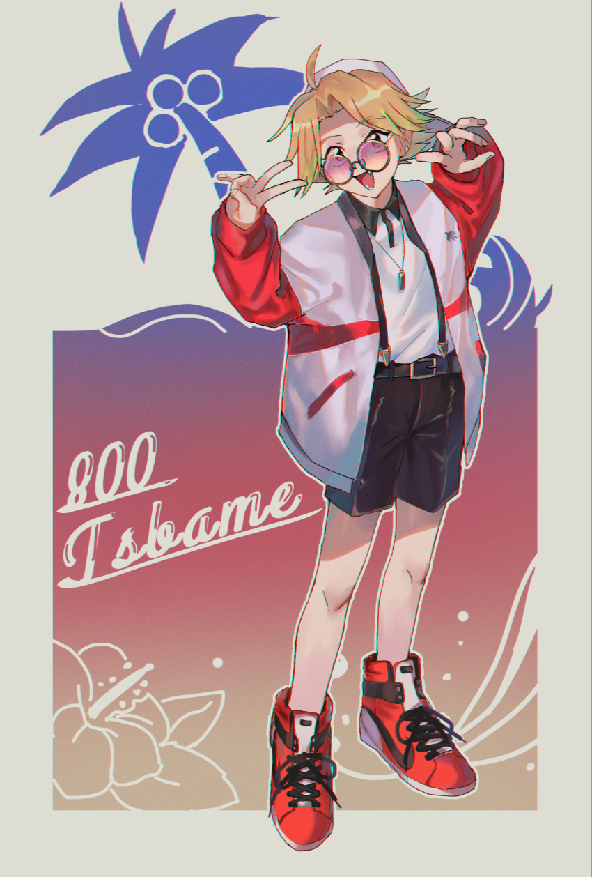 1boy, achiachi33, ahoge, chromatic_aberration, double_v, earrings, fang, full_body