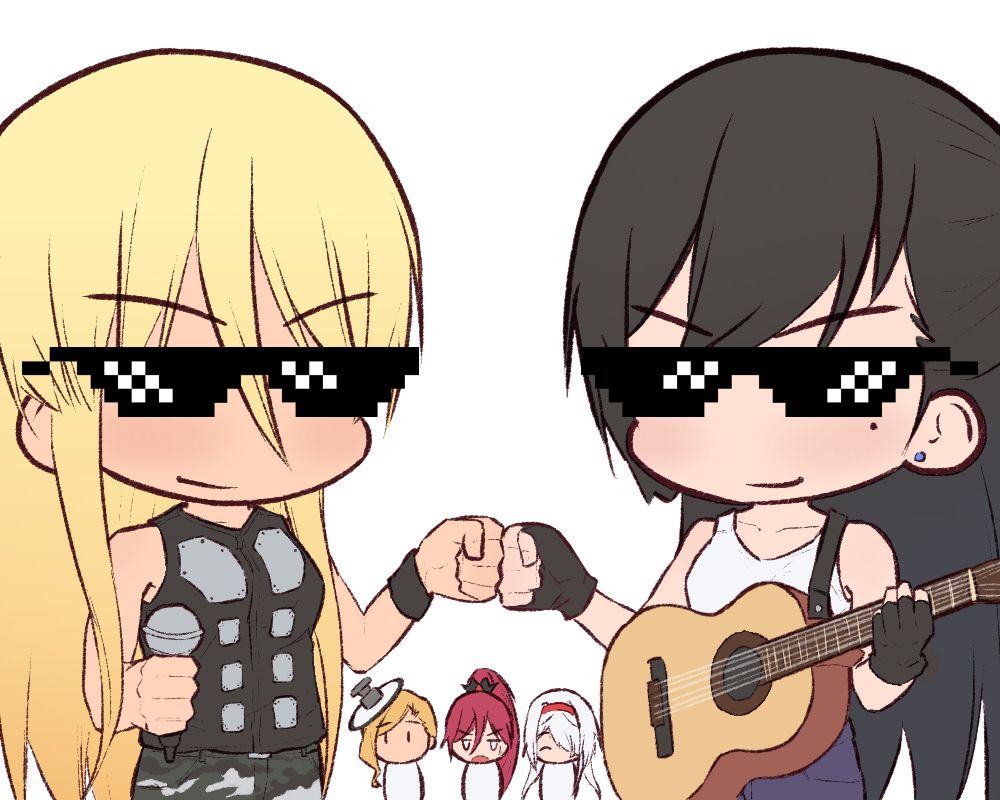 5girls, acoustic_guitar, alternate_costume, azur_lane, bad_id, bad_pixiv_id, bismarck_(azur_lane), black_hair, blonde_hair, colorado_(azur_lane), cosplay, deal_with_it_(meme), fist_bump, guitar, hair_over_one_eye, hairband, hat, hood_(azur_lane), instrument, joakim_broden, joakim_broden_(cosplay), long_hair, maryland_(azur_lane), meme, microphone, mole, mole_under_eye, multiple_girls, pale_skin, ponytail, red_hair, sabaton_(band), sunglasses, west_virginia_(azur_lane), white_hair, zeldin