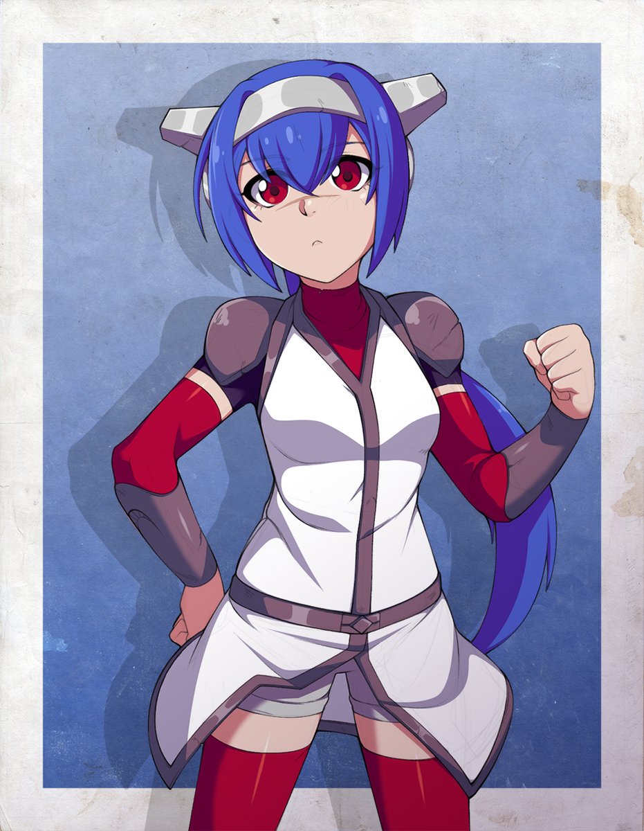 1girl, annoyed, arm_warmers, armor, blue_hair, bracer, chuunioniika, clenched_hands, crosscode, female_focus, hair_between_eyes, hand_on_own_hip, helmet, highres, jacket, lea_(crosscode), looking_at_viewer, pauldrons, ponytail, raised_fist, red_eyes, red_thighhighs, shorts, shorts_under_skirt, shoulder_armor, sidelocks, solo, standing, thighhighs, two-tone_background