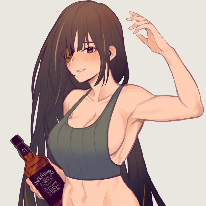 1girl, armpits, bare_shoulders, blue_background, blush, bottle, breasts, brown_eyes, brown_hair, cleavage, collarbone, eules, eyepatch, female_focus, girls'_frontline, hair_between_eyes, highres, holding, holding_bottle, jack_daniel's, jewelry, large_breasts, long_hair, looking_at_viewer, m16a1_(girls'_frontline), midriff, mole, mole_under_eye, parted_lips, ring, scar, scar_across_eye, scar_on_face, simple_background, smile, solo, standing, tank_top, upper_body, very_long_hair, wedding_band