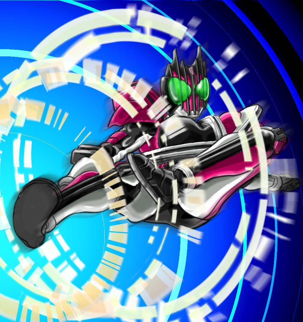 1boy, armor, bad_id, bad_pixiv_id, bodysuit, full_body, goggles, jolt_(artist), kamen_rider, kamen_rider_dcd, kamen_rider_decade, kicking, looking_at_viewer, magic_circle, male_focus, solo