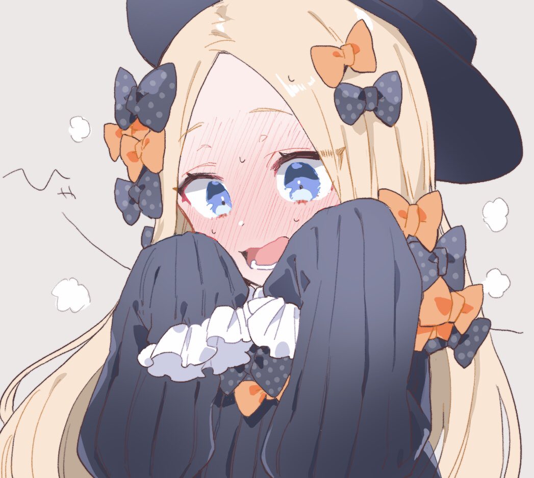 1girl, abigail_williams_(fate), abigail_williams_(first_ascension)_(fate), black_bow, black_headwear, blonde_hair, blue_eyes, blush