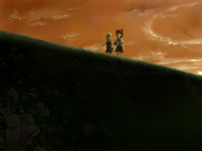 2girls, alternate_costume, bad_id, bad_pixiv_id, black_hair, blonde_hair, contemporary, female_focus