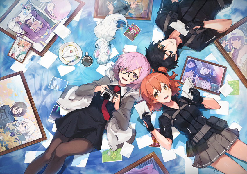 1boy, 2girls, :d, ahoge, akuta_hinako, bb_(fate), bb_(swimsuit_mooncancer)_(first_ascension)_(fate), belt