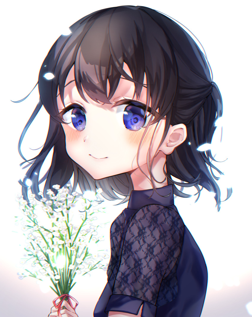 1girl, absurdres, aoto_sora, baby's-breath, black_shirt, bouquet, brown_hair, closed_mouth