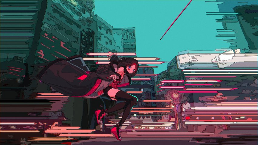 1girl, azki_(2nd_costume)_(hololive), azki_(hololive), azki_(vsinger), black_coat, black_hair, black_shorts, black_thighhighs