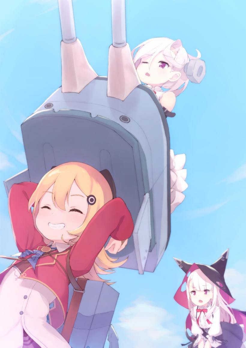 3girls, abercrombie_(azur_lane), arms_up, azur_lane, blonde_hair, closed_eyes, commentary_request, erebus_(azur_lane)