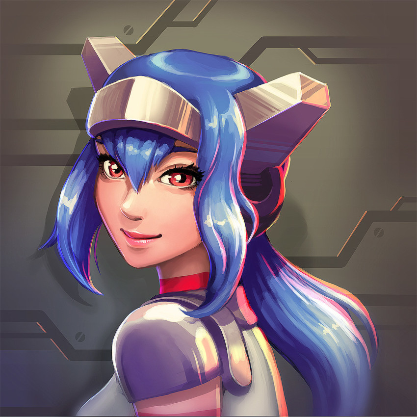 1girl, arm_warmers, armor, blue_hair, brown_background, crosscode, female_focus, hair_between_eyes