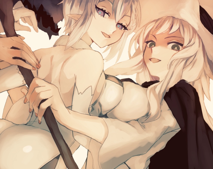 2girls, ass, asymmetrical_docking, black_cape, blue_eyes, braid, breast_press, cape, dress, gloves, hat, holding, holding_weapon, long_hair, looking_at_viewer, miracera_master_of_the_magic_institute, multiple_girls, niggurath_the_ancient_tree_branch, open_mouth, pixiv_fantasia, pixiv_fantasia_last_saga, pointy_ears, sarae_(krt00), short_hair, sidelocks, sleeveless, sleeveless_dress, upper_body, weapon, white_gloves, white_hair, white_headwear